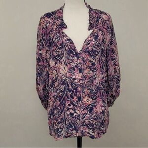 Gilner Farrar Ellie Pink/Navy Floral V-neck Gathered Neckline Blouse Size L